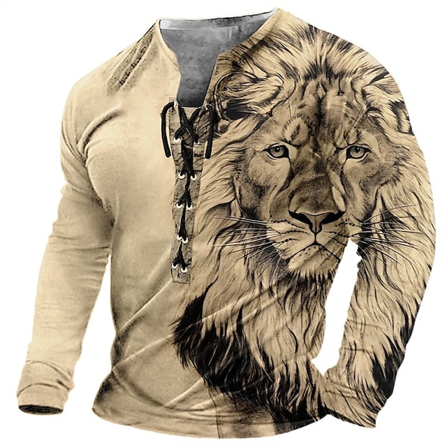 🦁🦁Męski, swobodny T-shirt z długim rękawem i nadrukiem 3D