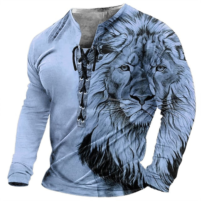 🦁🦁Męski, swobodny T-shirt z długim rękawem i nadrukiem 3D